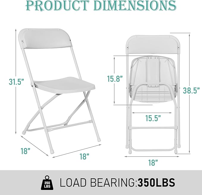 60 Pack Plastic White Folding Chairs, Portable Stackable Commercial Party Folding Chairs with Steel Frame 350lbs for Home Office Outdoor Indoor Office Wedding Party Event
