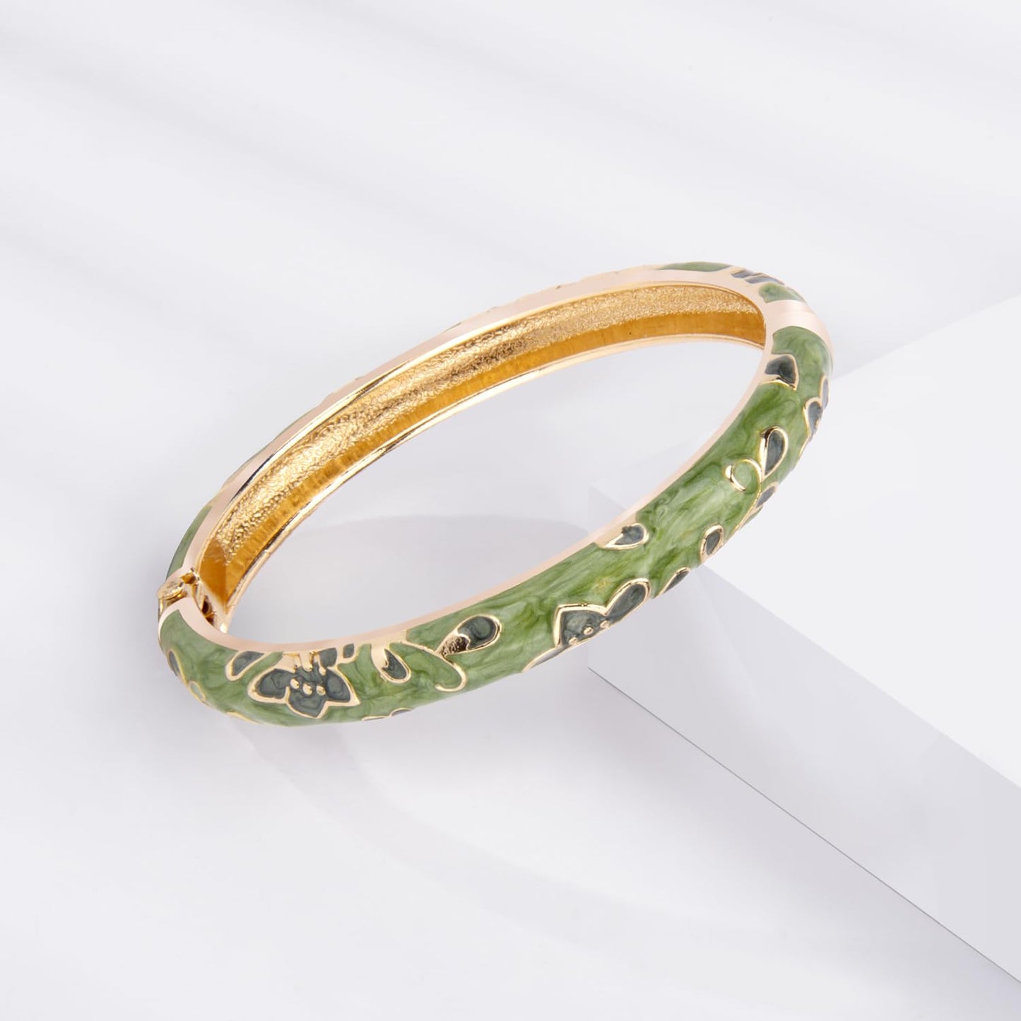 UJOY Women Cloisonne Bracelet Multi-colors Rhinestone Flower Hollowed Enameled Gold Hinged Cuff Bangles Jewelry Gift 88C06 3pcs green