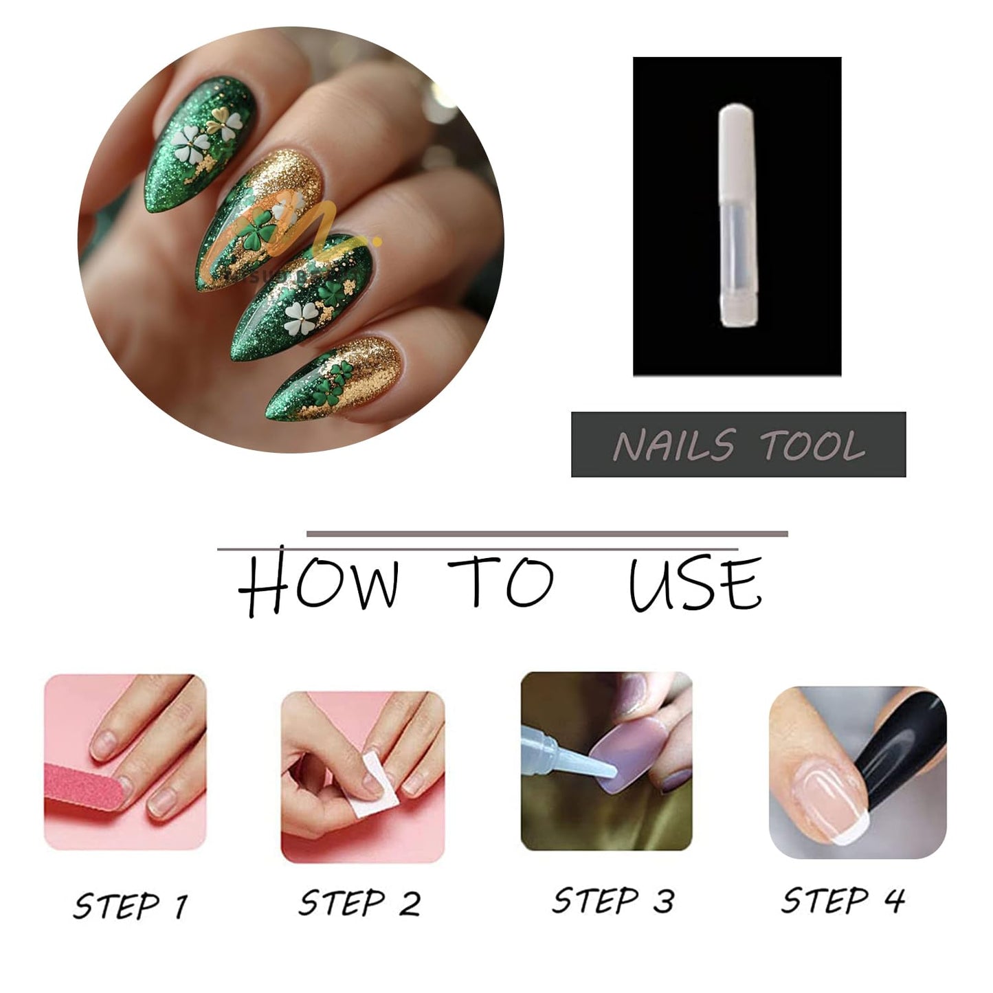 MISUD Press on Nails - Medium Almond Fake Nails with Shamrock, Acrylic Bling Green Gold Glitter Design 24 pcs