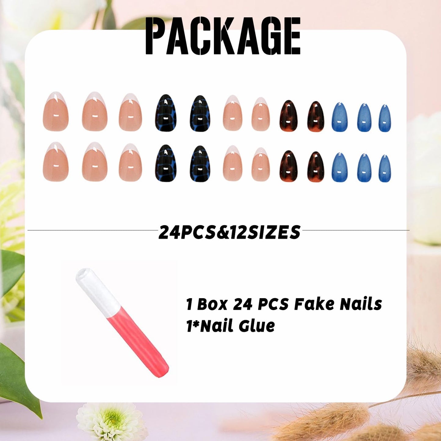 IMSOHOT Oval Press on Nails Short Fall Fake Nails Blue Ombre, Brown Amber Designs Glossy Round Acrylic Glue on Nails French Tips False Nails