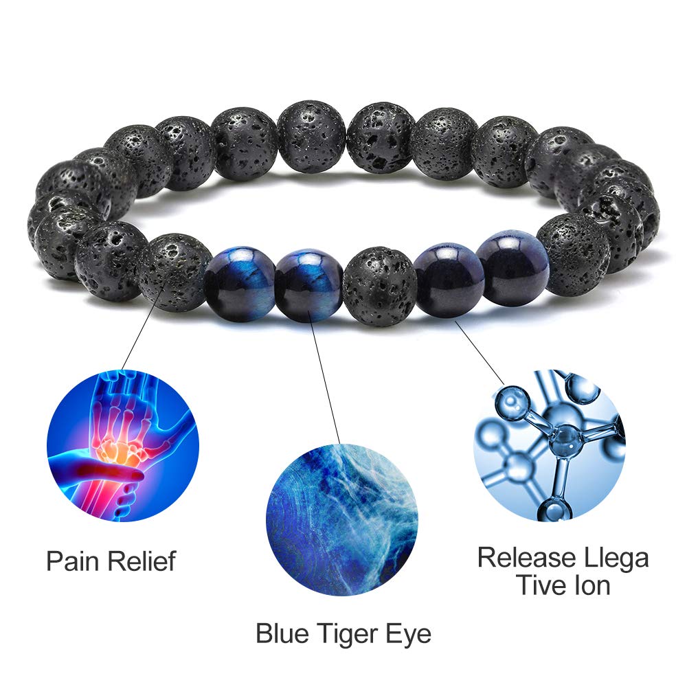 M MOOHAM Natural Bead Bracelet - Gem Semi Precious Stone Round Bead Black Lava Rock Blue Tiger Eye Beads Bracelet Adjustable Bracelets Birthday Gifts for Men