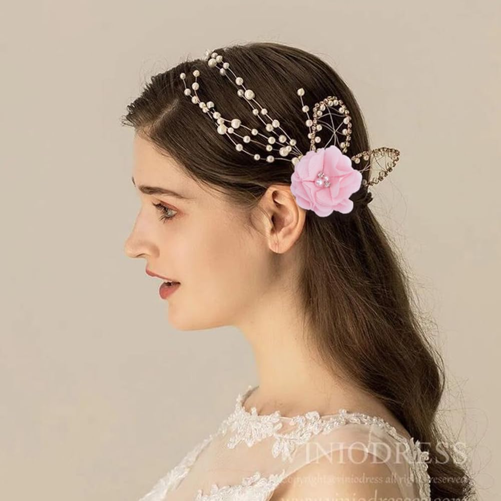 SOFPLATE 1 Box 30Pcs Pink Chiffon Flower Artificial Fabric Flower Appliques Pearl Rhinestone Felt Back Sewing Appliques for Clothes Hair Accessories Embellishments Wedding Decor DIY Craft Projects