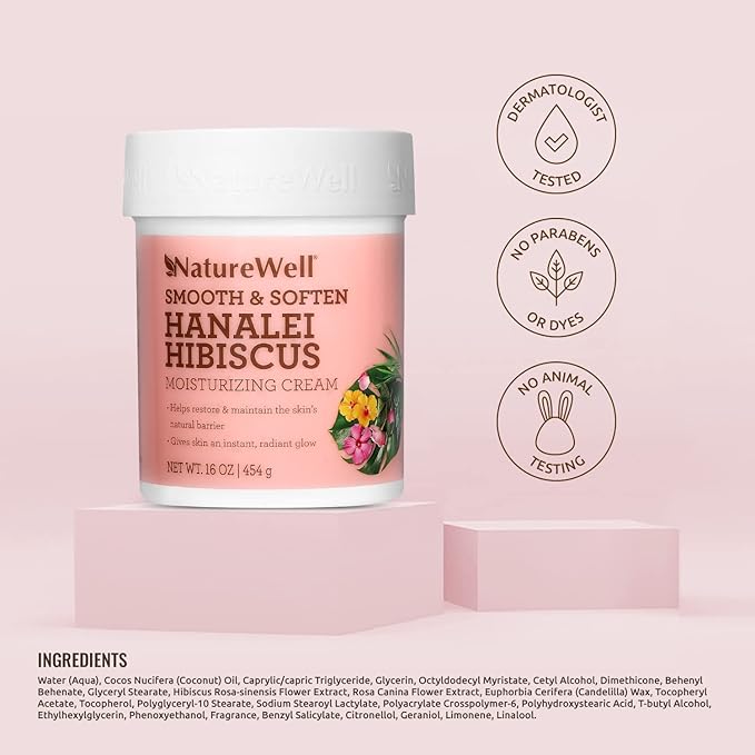 NATURE WELL Hanalei Hibiscus Smooth & Soften Moisturizing Cream For Face & Body, Infused With Natural Oils & Extracts, Restores Skin Moisture Barrier, 16 Oz.