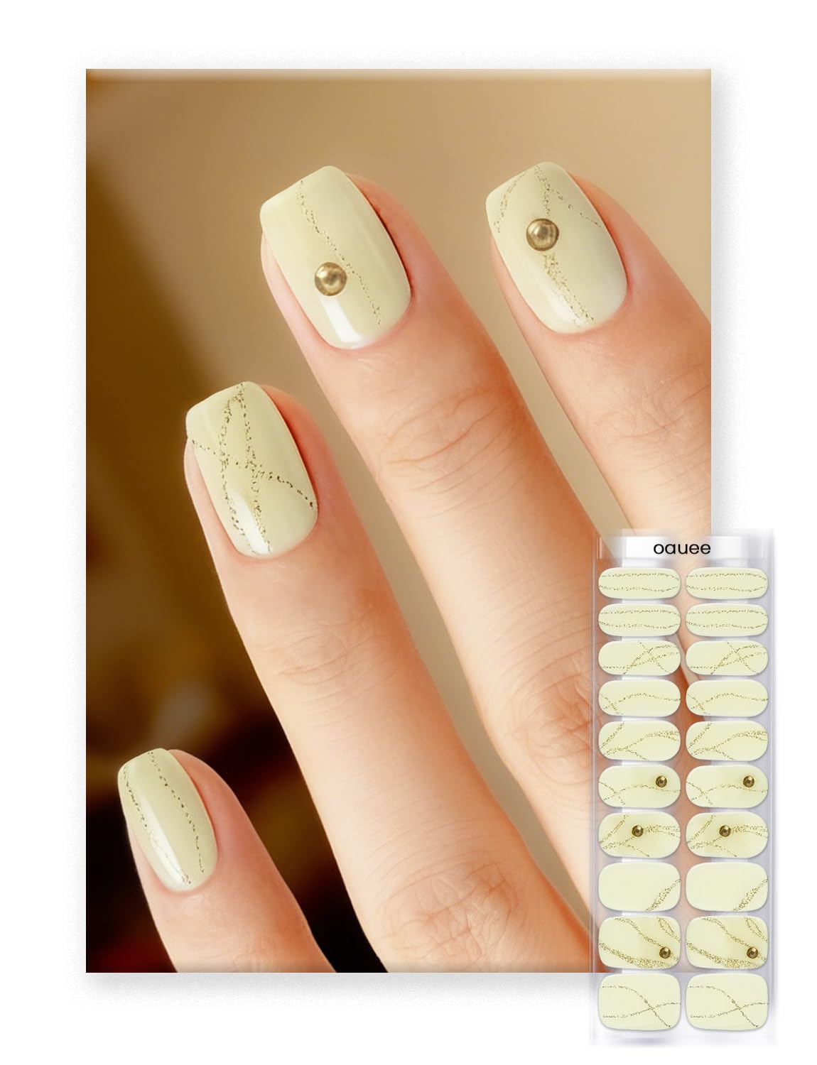 Oauee Semi Cured Gel Nail Strips | Built-In Gel Top Coat | UV Light Required | Salon Quality, Easy Application And Removal (Golden Whisper)