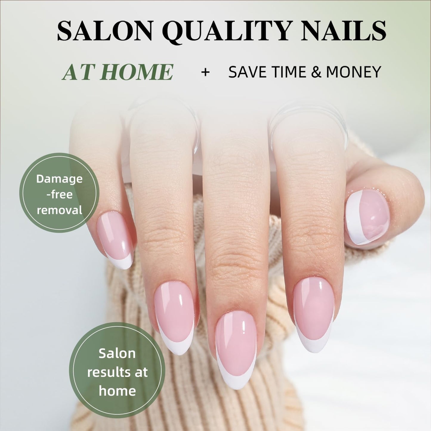White French Tip Press On Nails - Pink Short Almond Fake Nails, White Press On Nails Reusable Stick On Nails in 16 Sizes, 32pcs False Nail Kit for Women & Girls