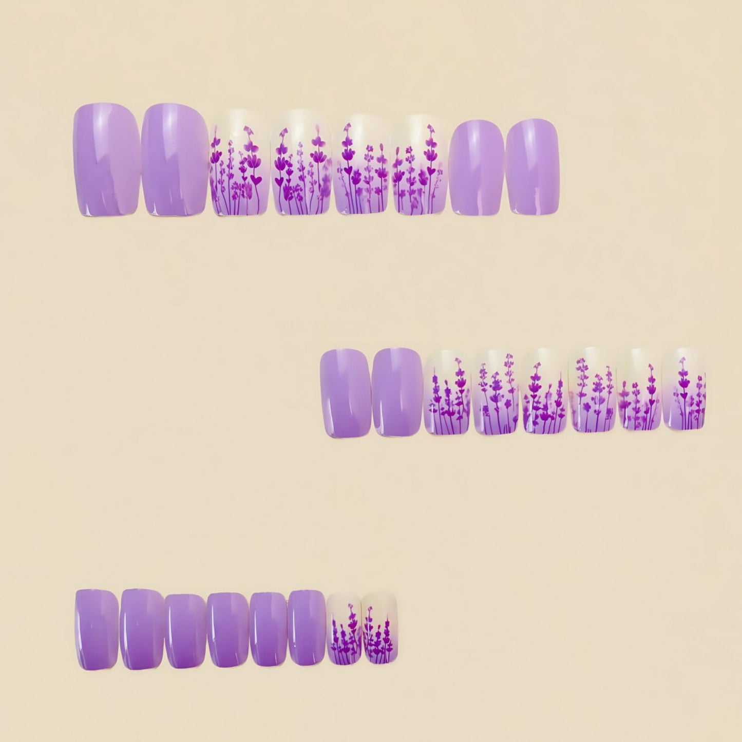24pcs Purple Press on Nails Medium Length Square Fake Nails with Lavender designs Spring Stick on Nail Full Cover False Nails Acrylic Reusable Glue on Nails for Women Summer Manicure