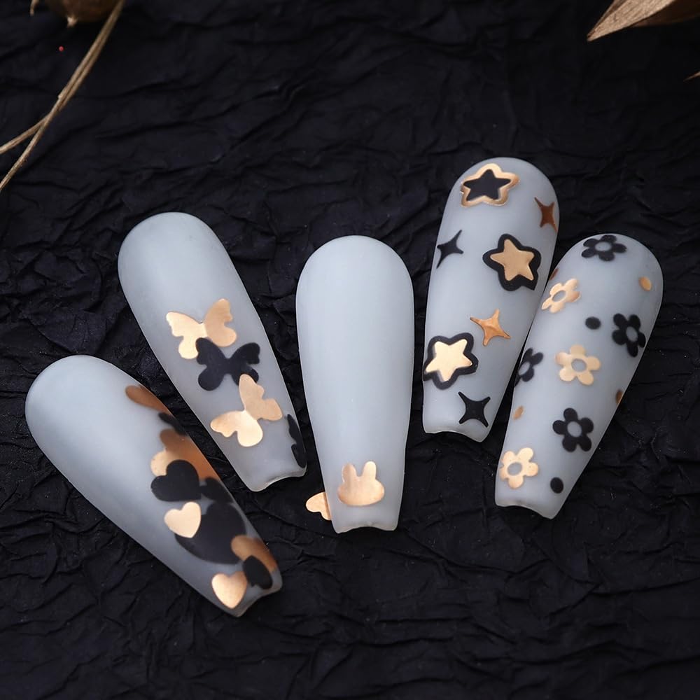Black Gold Nail Glitter Cute Butterfly Nail Sequins 3D Hearts Nail Flakes Sparkling Flower Glitter Flakes Mixed Shape Star Nail Art Glitter Shiny Nail Sequins Glitter for Nails Art 1 Box 12Grids