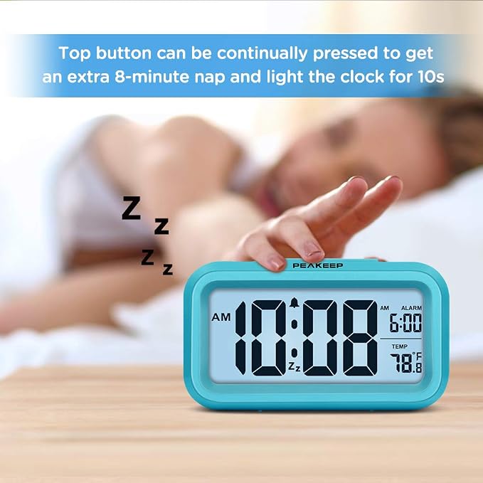 Peakeep Night Light Digital Alarm Clock Battery Operated Indoor Temperature | Small Cordless Cute Clock for Bedroom Desk Travel, Simple to Use for Teens Kids (Blue)