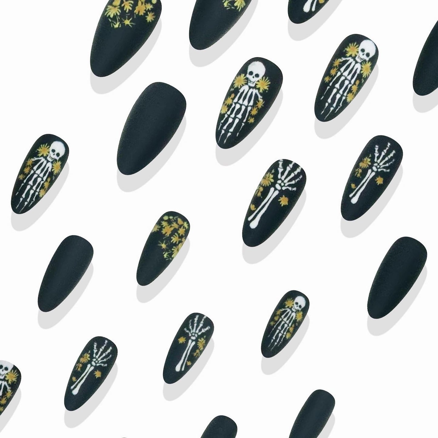 MISUD Press on Nails - Medium Almond Glue on Nails with Goth Black, Acrylic Gothic Skull Design 24 pcs