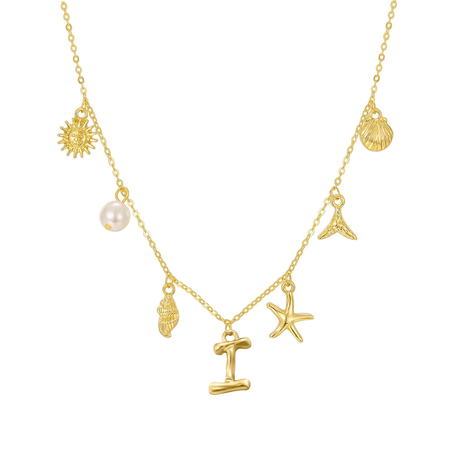 JALZEMPL Initial Charm Necklace For Women Shell Seashell Summer Beach Letter 14K Gold Plated Pendant Starfish Surfer Boho Jewelry Gifts (I)