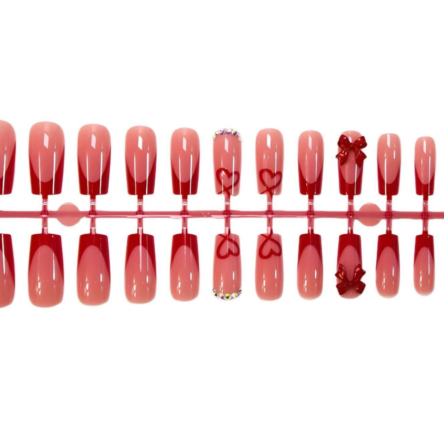 Red Press on Nails Heart Fake Nails Medium Square Nail Press ons with French Tip Design Bow Glue on Nail Glossy Full Cover Artificial Acrylic Manicure for Women Girls 24Pcs