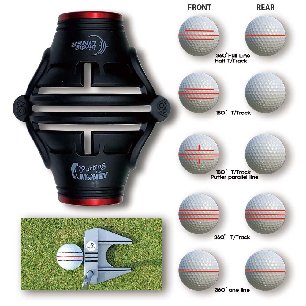BIRDIE79 Birdie Liner Black Golf Ball Marker Alignment Tool Kit - 360-Degree Triple Line Stencil with 3-Color Pens and Gift Box - Premium Quality(Black)