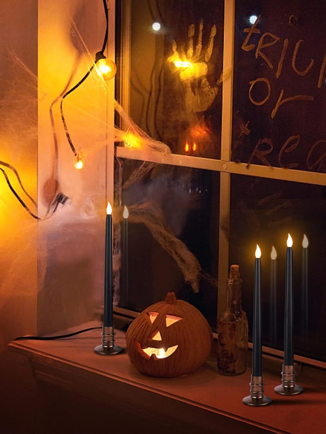 Alphatool 6 Packs Halloween Black LED Flameless Candles with Bases - Flicker Flame, Tall Taper Smokeless Dripless Candles, Decor for Fireplace Diningtable Bar School