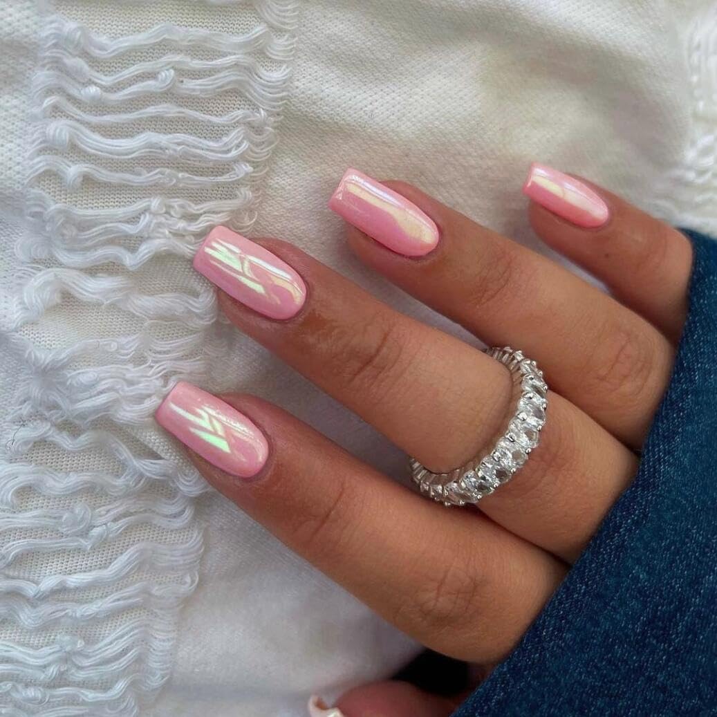 Rose Pink Chrome Square Press on Nails Medium,KQueenest Glitter Mirror Plating False Acrylic Nails Press Ons,Natural Fit Glue on Nails Short Coffin,Light Stick on Nails for Women in 24 PCS
