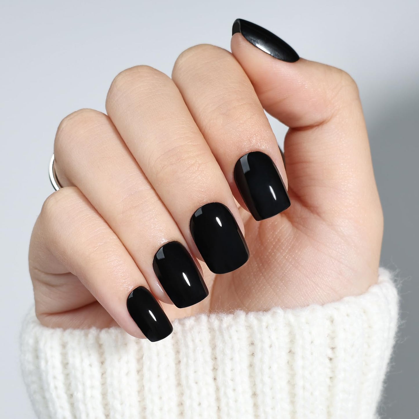 Black Press On Nails Square - Goth Short Square Fake Nails, Gothic Press On Nails Reusable Stick On Nails in 15 Sizes 30pcs False Nail Kit for Women & Girls (Pure Black)