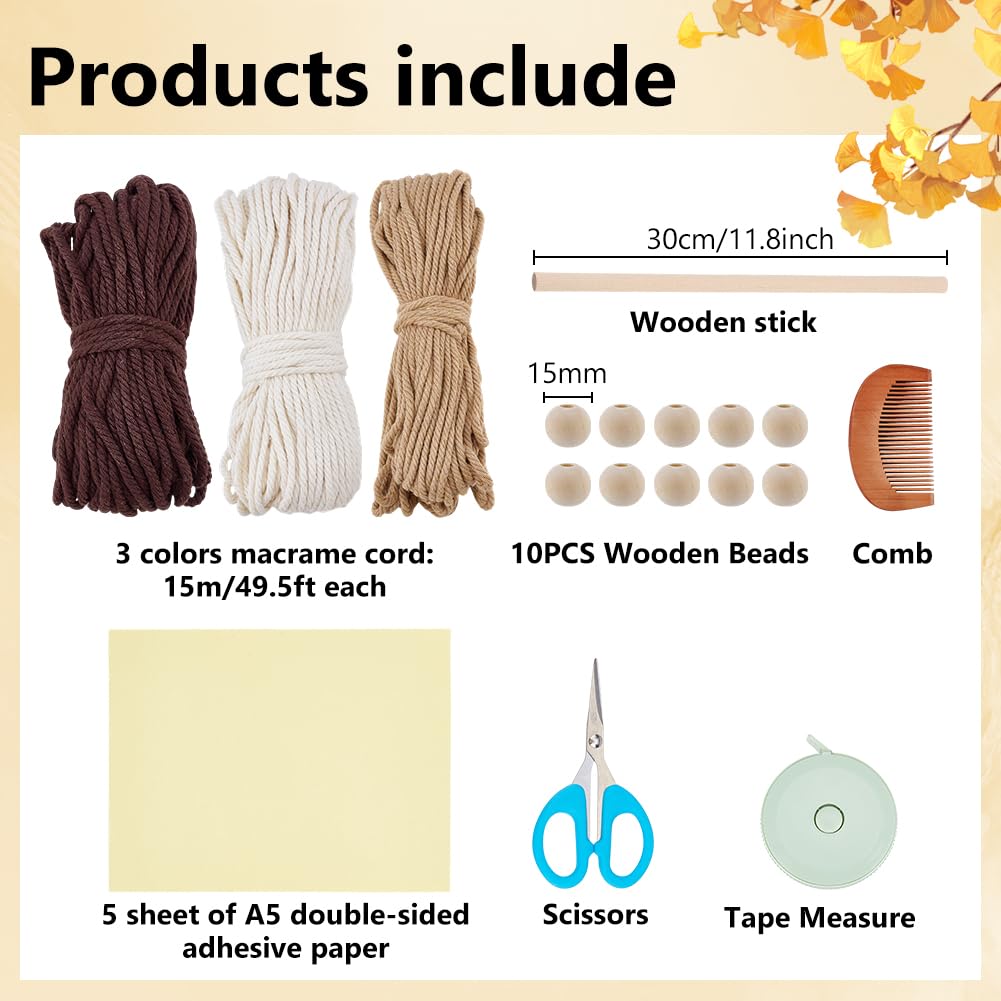 FREEBLOSS DIY Macrame Leaf Wall Hanging Beginners Macrame Kit Leaf Woven Tapestry Feather Wall Hanging DIY Macrame Kit for Adults Birthday Gift (Grey&White)