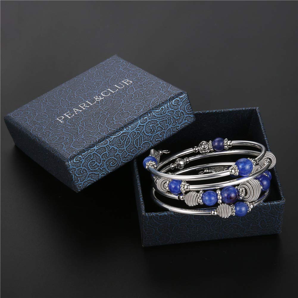 PEARL&CLUB Beaded Chakra Bangle Turquoise Bracelet - Fashion Jewelry Wrap Bracelet with Thick Silver Metal and Mala Beads, Birthday Gifts For Women(Blue)