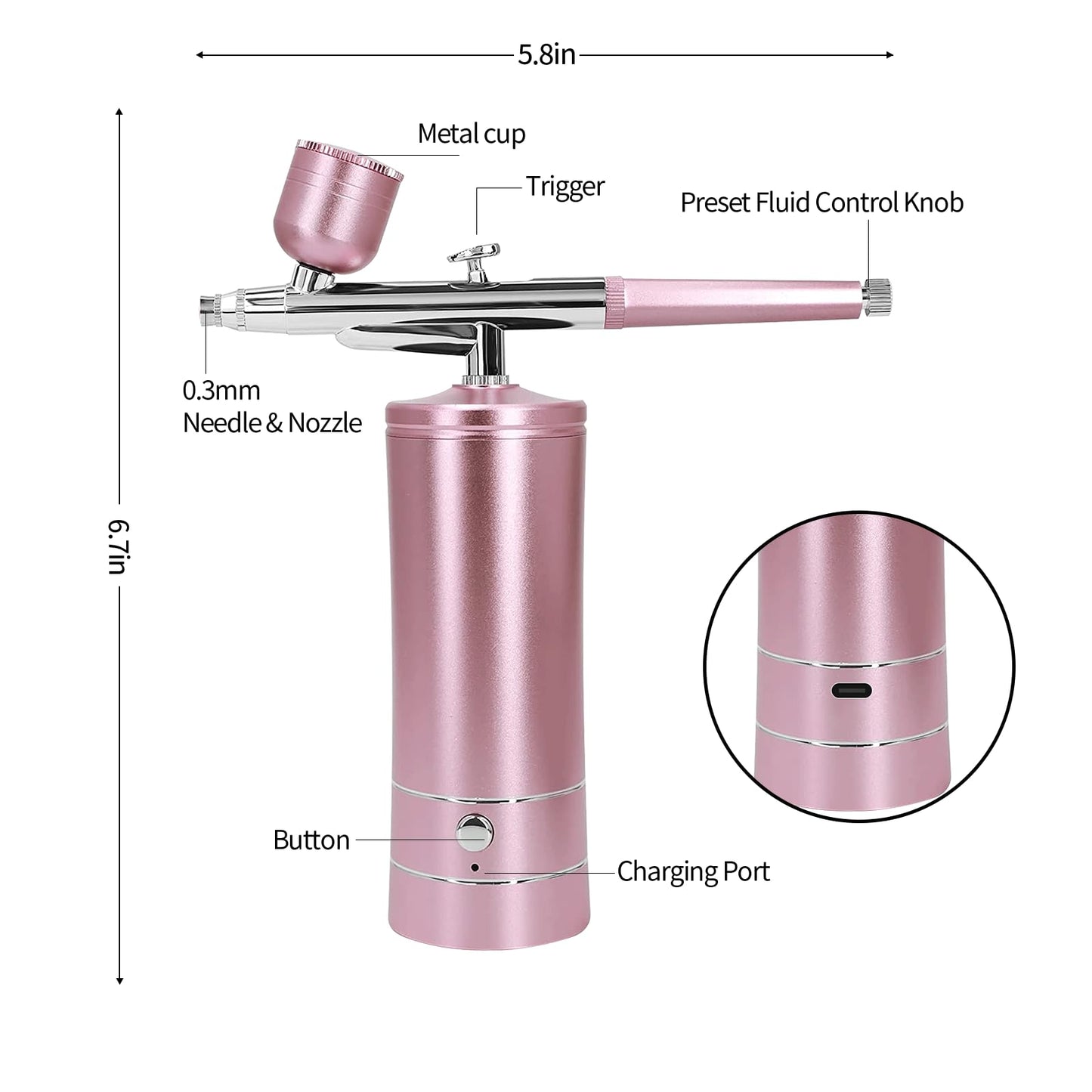 Airbrush Kit Air Brush Kit With Air Compressor Nail Charms Wireless Air Brush for Barber, Nail Art, Makeup, Model Painting (Pink - with extension tube)