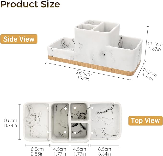 Toothbrush Holder for Bathrooms, Bathroom Organizer Countertop, Rectangle 5 Compartment Bathroom Accessories Storage for Toothpaste/Shaver and Other Items,White Resin of Marble Color (White)