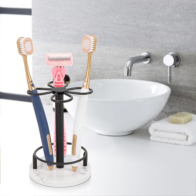 HarJue Toothbrush Holder Stand for Bathroom, Metal Toothbrush Organizer with Marble Base, Toothbrush Storage Collection for Family, Suitable for Home Hotel Countertop Vanity (Small, Matte Black)