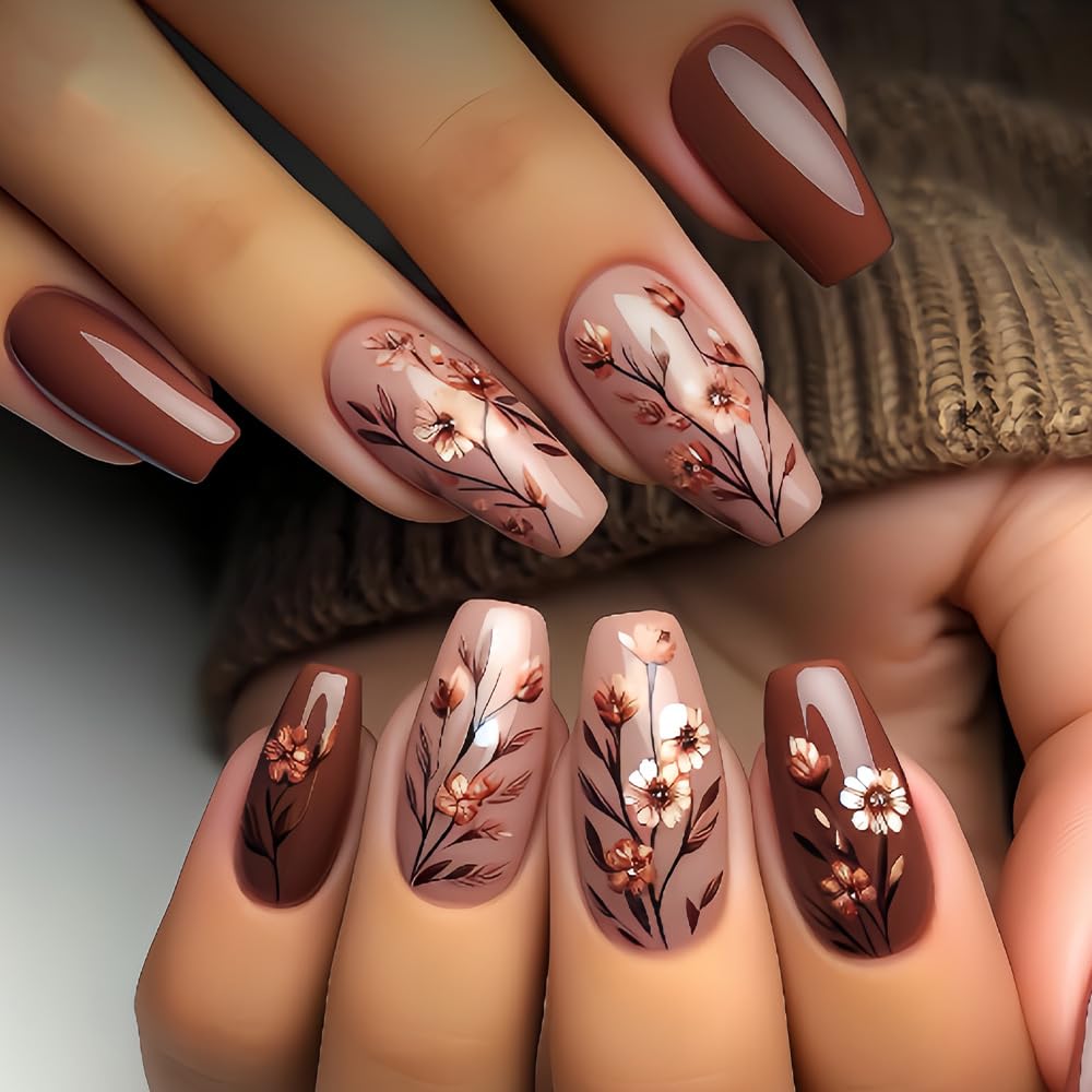 Fall Press on Nails Medium Length Fake Nails Brown Flower Gradient False Nail Full Cover Stick on Nail Fall Glue on Nails Reusable Artificial Coffin Shaped Nail for Women Manicure Kit 24Pcs