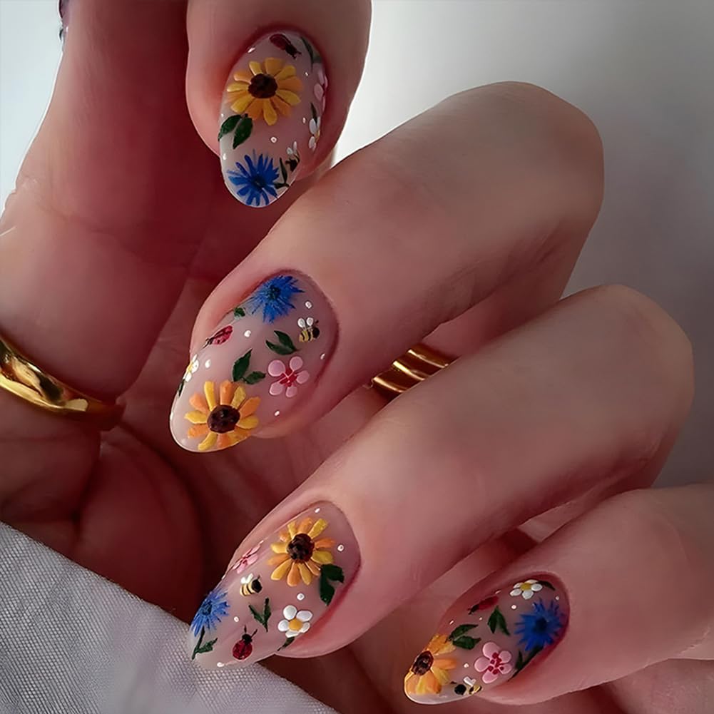 Spring Summer Press On Nails 24Pcs Medium Almond Fake Nails With Flower Daisy Designs Full Cover Glue On Acrylic False Nails Cute Floral Stick On Nails for Women and Girls