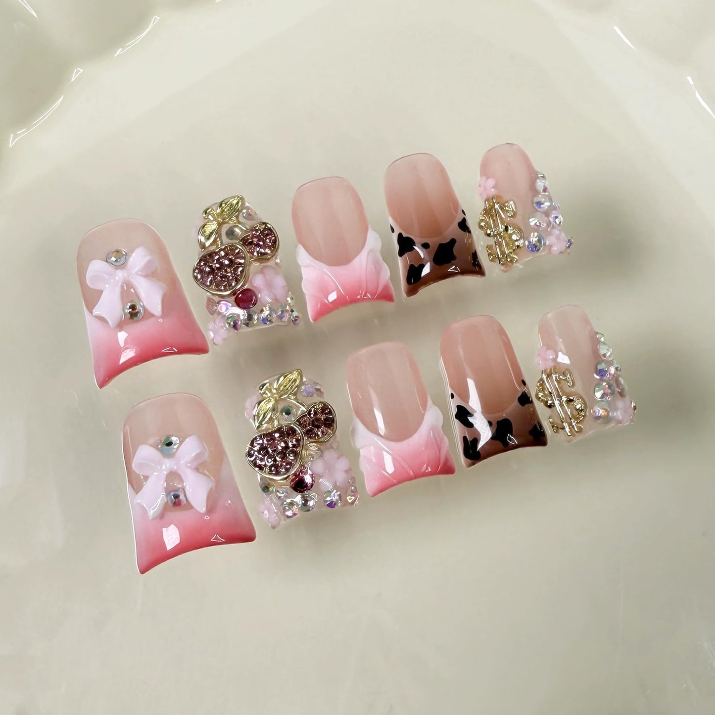 Handmade Press on Nails Short Fake Nails Duck False Nails 3D Cherry and Bow Pink French Tip Luxury Cute Artificial Nail for Women 10pcs (Size M）