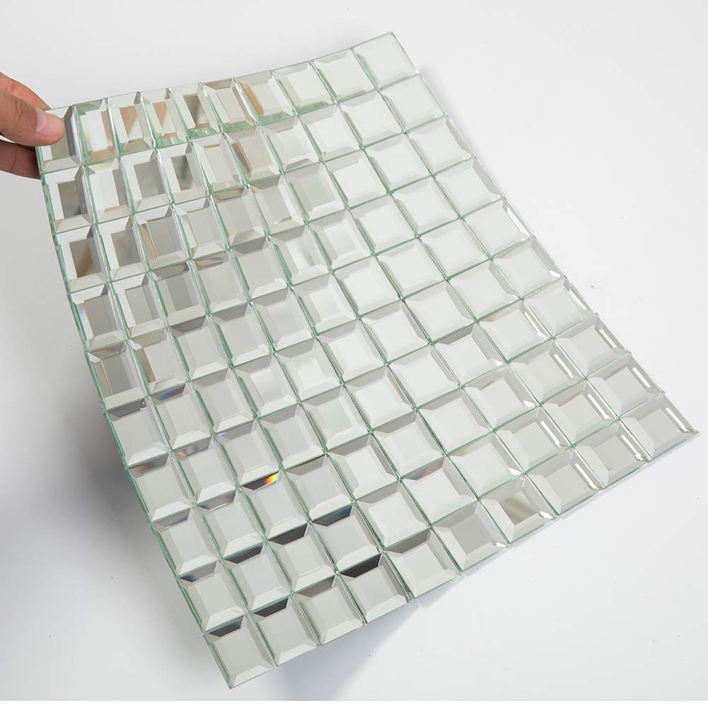 Soulscrafts Mirror Glass Mosaic Tile, 5 Faces Square Beveled Silver Crystal Mirror Backsplash 12x12 Inch Seamless for Kitchen Bathroom 5 Sheets