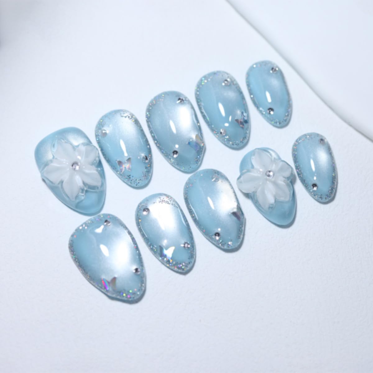10 Pcs Short Almond Handmade Press On Nails | Sky Blue Cat Eye with 3D Floral & Rhinestone Accents | Reusable, Easy to Apply & Remove, Salon-Quality Manicure (RR16, M)