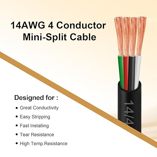 MOOKEERF 14/4 AWG Mini-Split Cable - 100FT 14 AWG 4 Conductor Control Cable 300V Stranded Oxygen-Free Pure Copper Wire for Mini Split Air Conditioner,Heat Pump,HVAC Systems and Speaker Systems