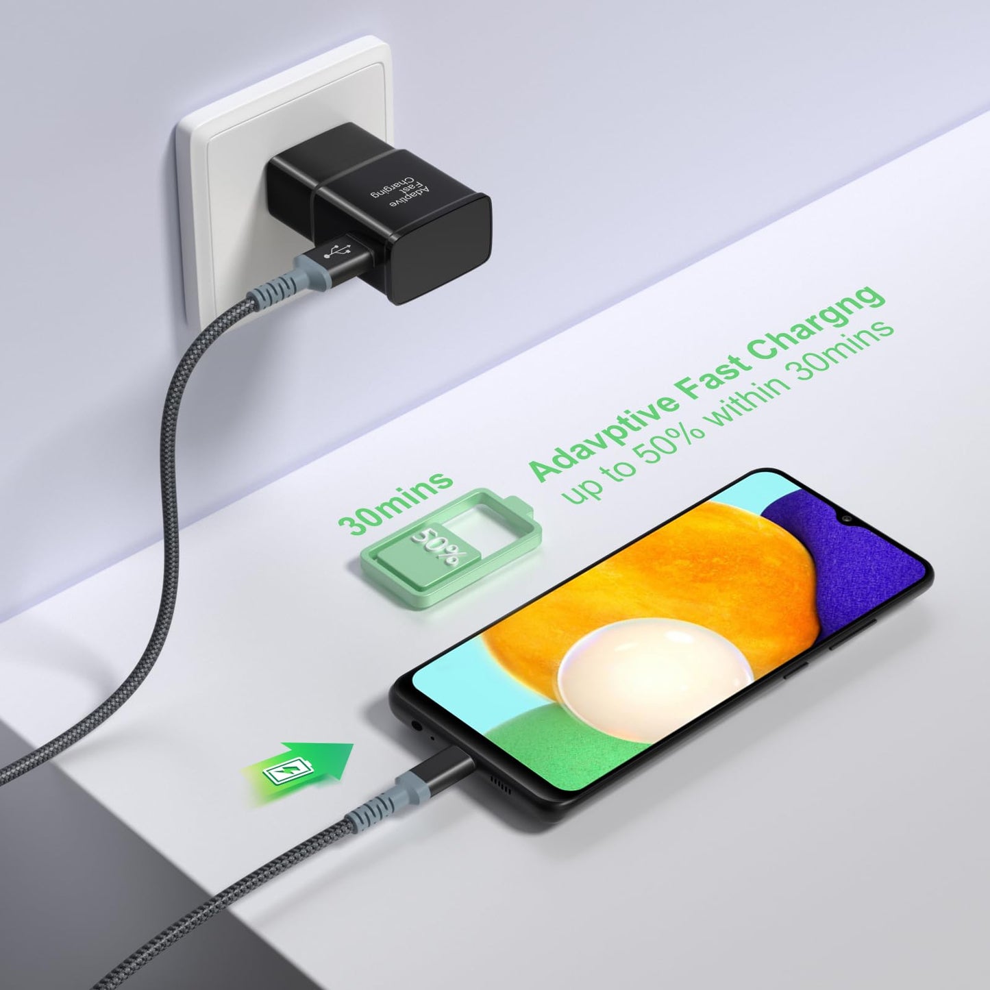 Adaptive Fast Charging Wall Charger with USB C Cable 10ft, Excgood USB Fast Charger Type C Charger Compatible for Galaxy S25 S24 S23 Ultra A15 A13 A03s A53 S22 S21 S20 S10 S9 Android Phone-2Pack,Black