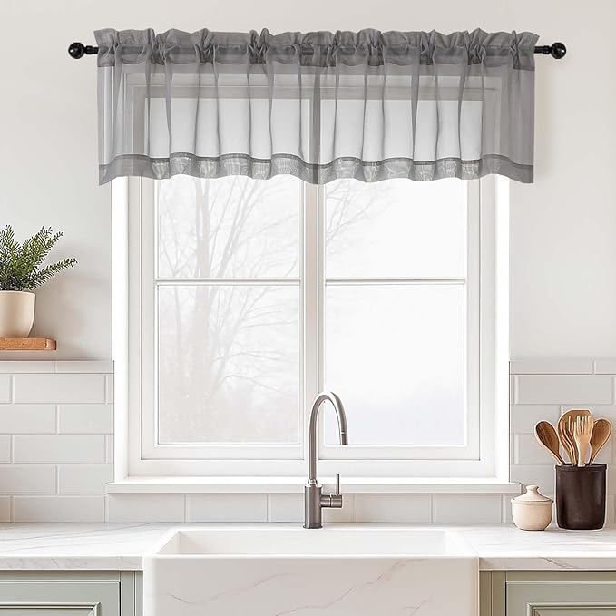 Grey Valances for Windows 14 inch Length 2 Panels, Small Voile Sheer Curtains for Bathroom, Soft Fabric Light Filtering Kitchen Curtains, Dual Rod Pocket, Charcoal Grey, 2x42Wx14L Inches