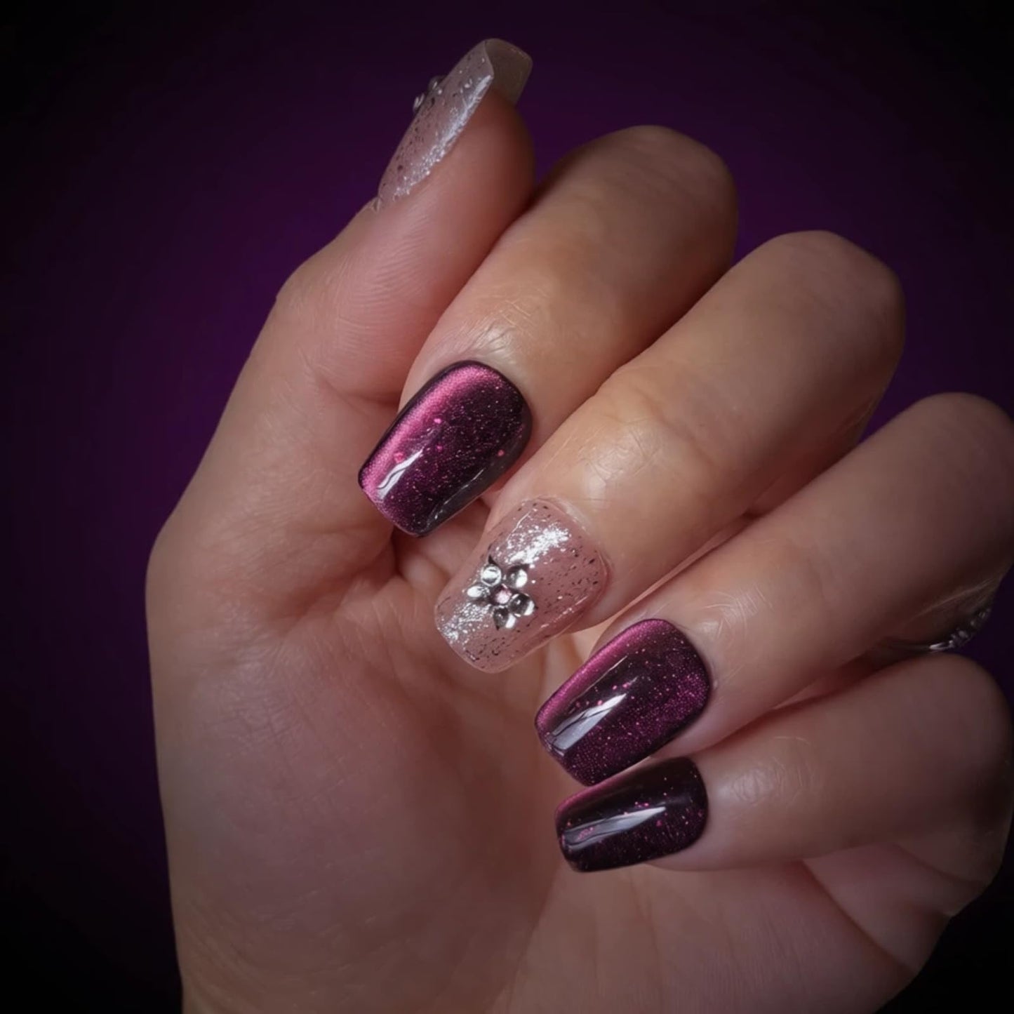 Tesytto Handmade Short Square Press On Nails, Purple Cat Eye Glitter False Nails with 3D Star Rhinestone, Reusable Fake Nails for Women, 10Pcs (Gemstone Starry Night,S)