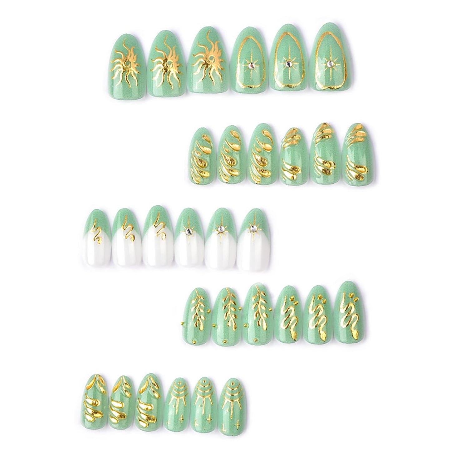 30pcs Green Press on Nails Medium Almond Fake Nails Gold Snake Leaves Star False Nails with 3d Rhinestones Designs Glue on Nails Green French Tip Full Cover Artificial Stick on Nail Decor for Women