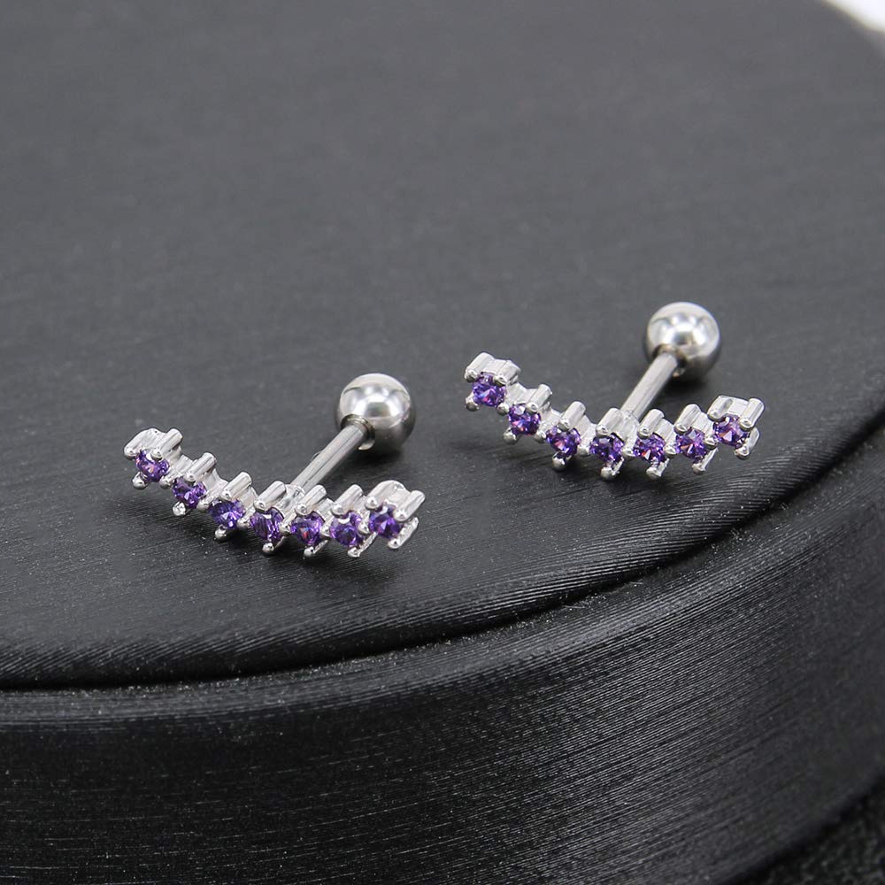 ZS Curve Seven Stud CZ Stud Earrings 316L Stainless Steel Ear Helix Conch Cartilage Piercing (Purple)