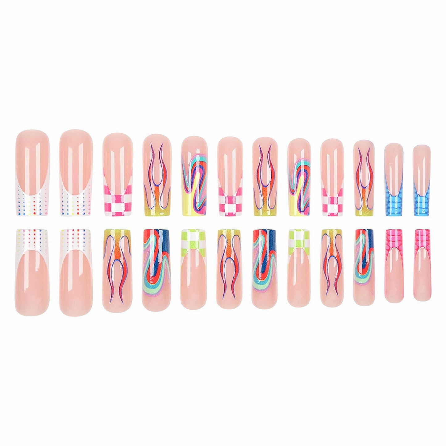 MISUD Press on Nails - Long Square Glue on Nails with Colorful Plaid, Acrylic Checkered Flame Design 24 pcs