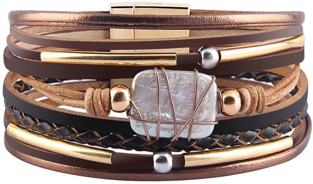 Fesciory Leopard Bracelet for Women, Boho Leather Wrap Multi-Layer Pearl Crystal Bracelet Bangle Jewelry(Brown Leather(Pearl))
