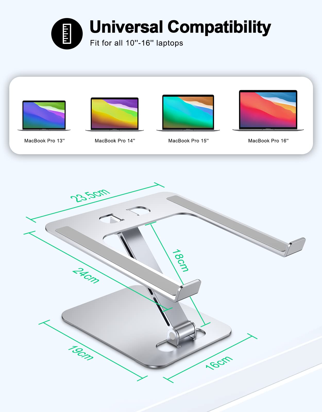 RIWUCT Foldable Laptop Stand, Height Adjustable Ergonomic Computer Stand for Desk, Aluminum Portable Laptop Riser Holder Notebook Mount Compatible with MacBook Pro Air, HP, Dell 10-16"