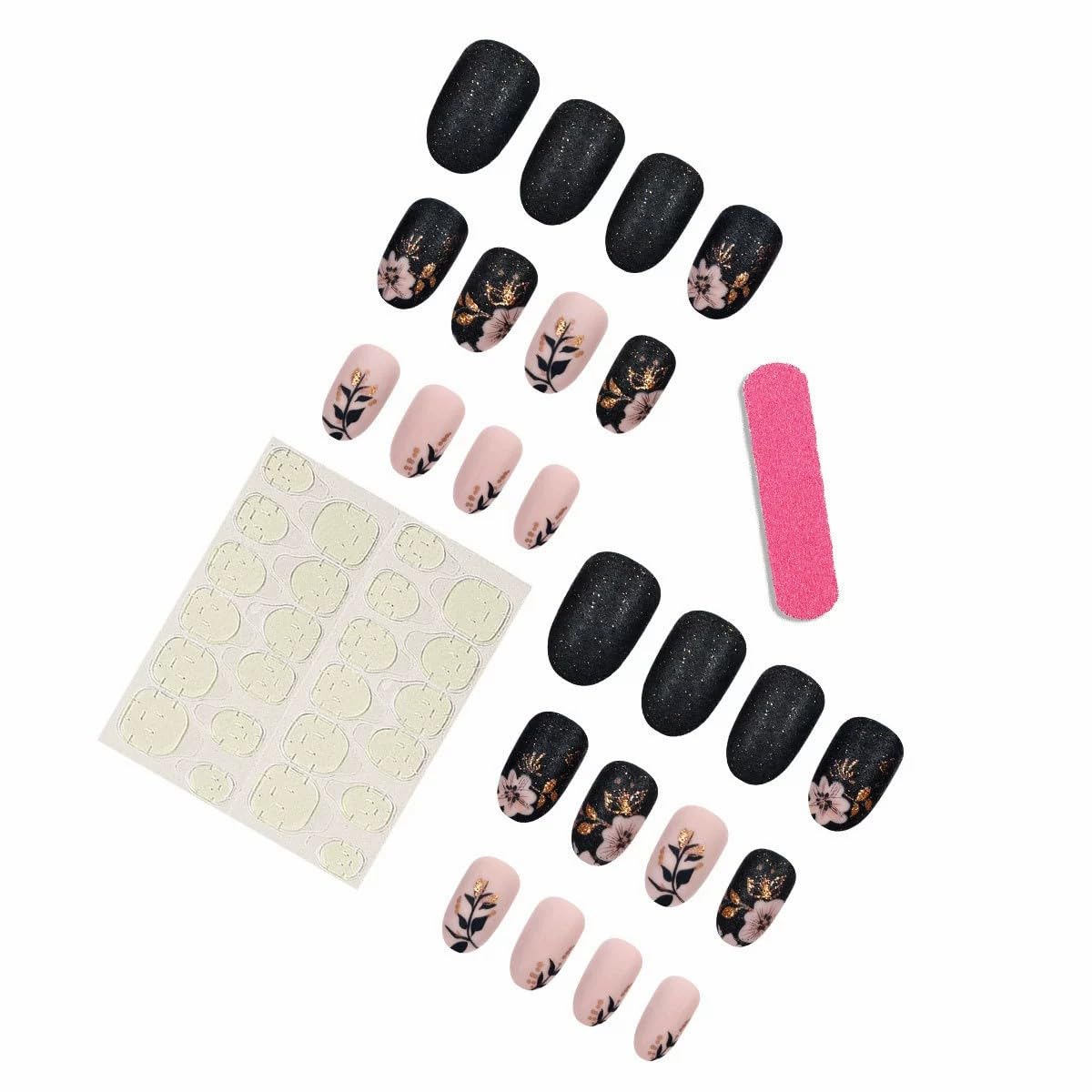 Short Press on Nails Almond Fake Nails with Flower Leaves Design Matte Black Nude Pink Spring Glue on Nails Acrylic Gel False Nail Kit Reusable Stick on Nails for Women Manicure Decorations 24PCS