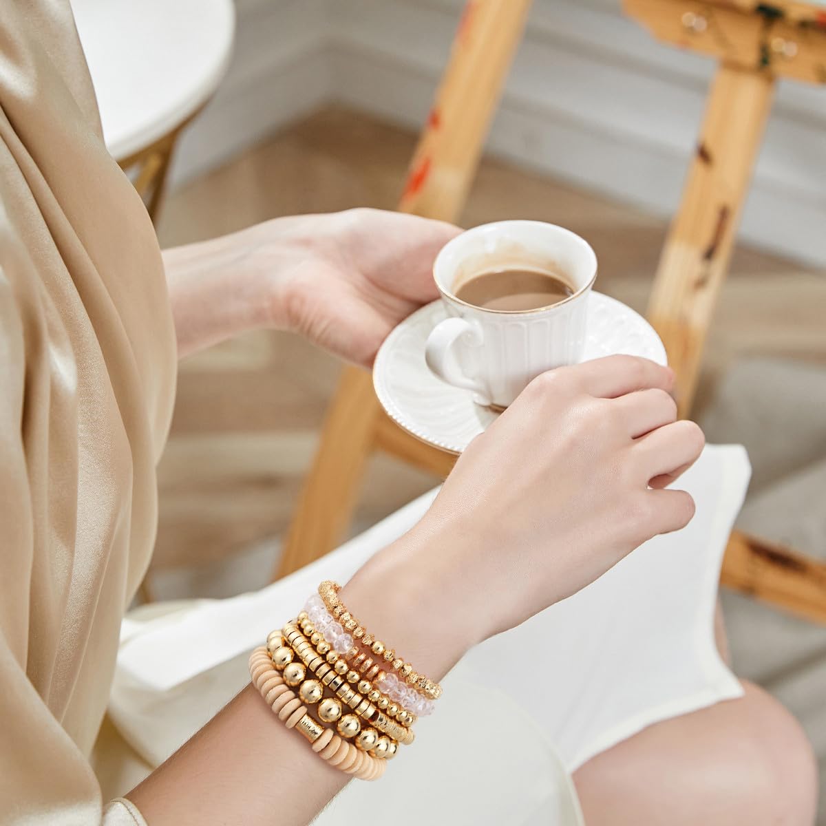 GOOJIDS Simple Beaded Gold Plated Bangles Bracelet Chunky Bamboo Tube Curved Stacking Clear Acrylic Colorful Beads Stretchable Gold Plated Bracelets Set For Women