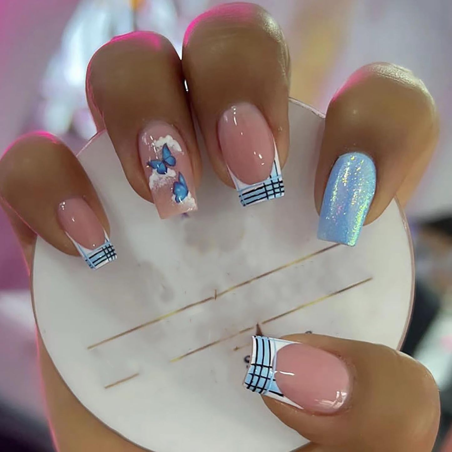 Vezocim French Tips Press on Nails Square Shapes 24Pcs Glossy Full Cover Medium Acrylic Blue Square False Nails with Butterfly Designs Artificial Coffin Fake Nails Glue ons Fingernails for Women