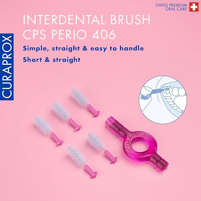 Curaprox Interdental Brush Set CPS 406 Perio – for Larger Spaces & Sensitive Gums | Includes 5 Brushes & Angled Holder for Precise Cleaning | Swiss Made