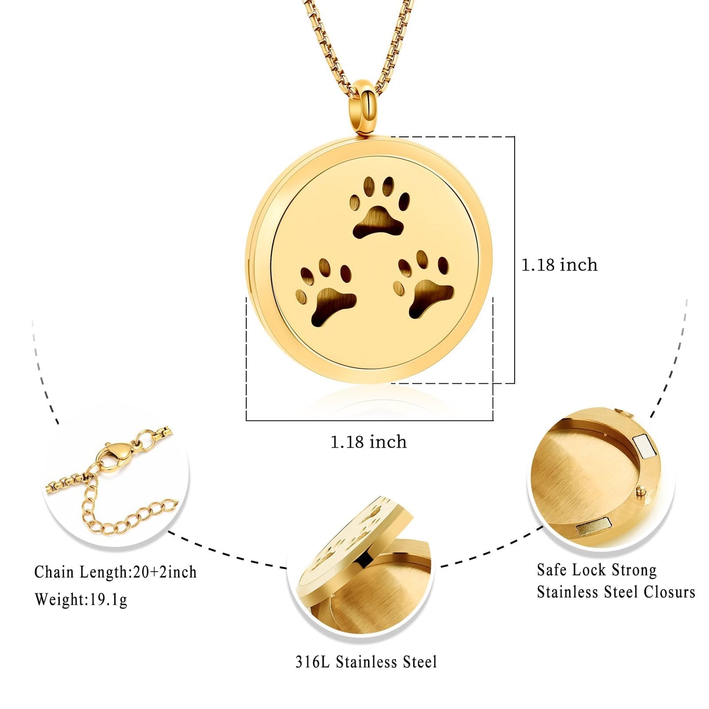 Minicremation Stainless Steel Paw Print Round Perfume Essential Oil Diffuser Pendant Necklace Women Aromatherapy Essential Oil Diffuser Locket Pendant Necklace, with Refill Pads