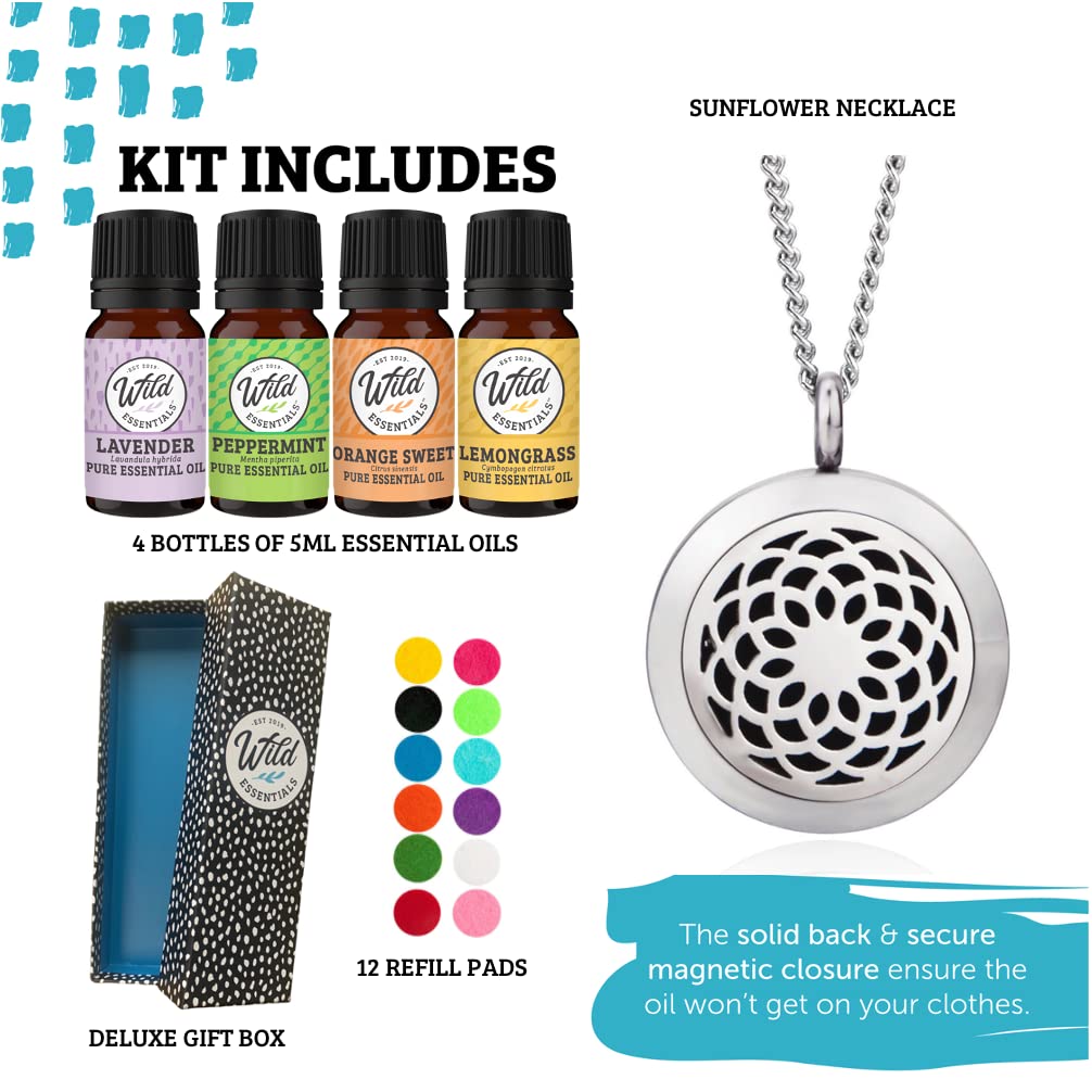Wild Essentials Sunflower Necklace Essential Oil Diffuser Kit with Lavender, Lemongrass, Peppermint, Orange Oils, 12 Refill Pads, Calming Aromatherapy Gift Set, Customizable Color Changing, Perfume