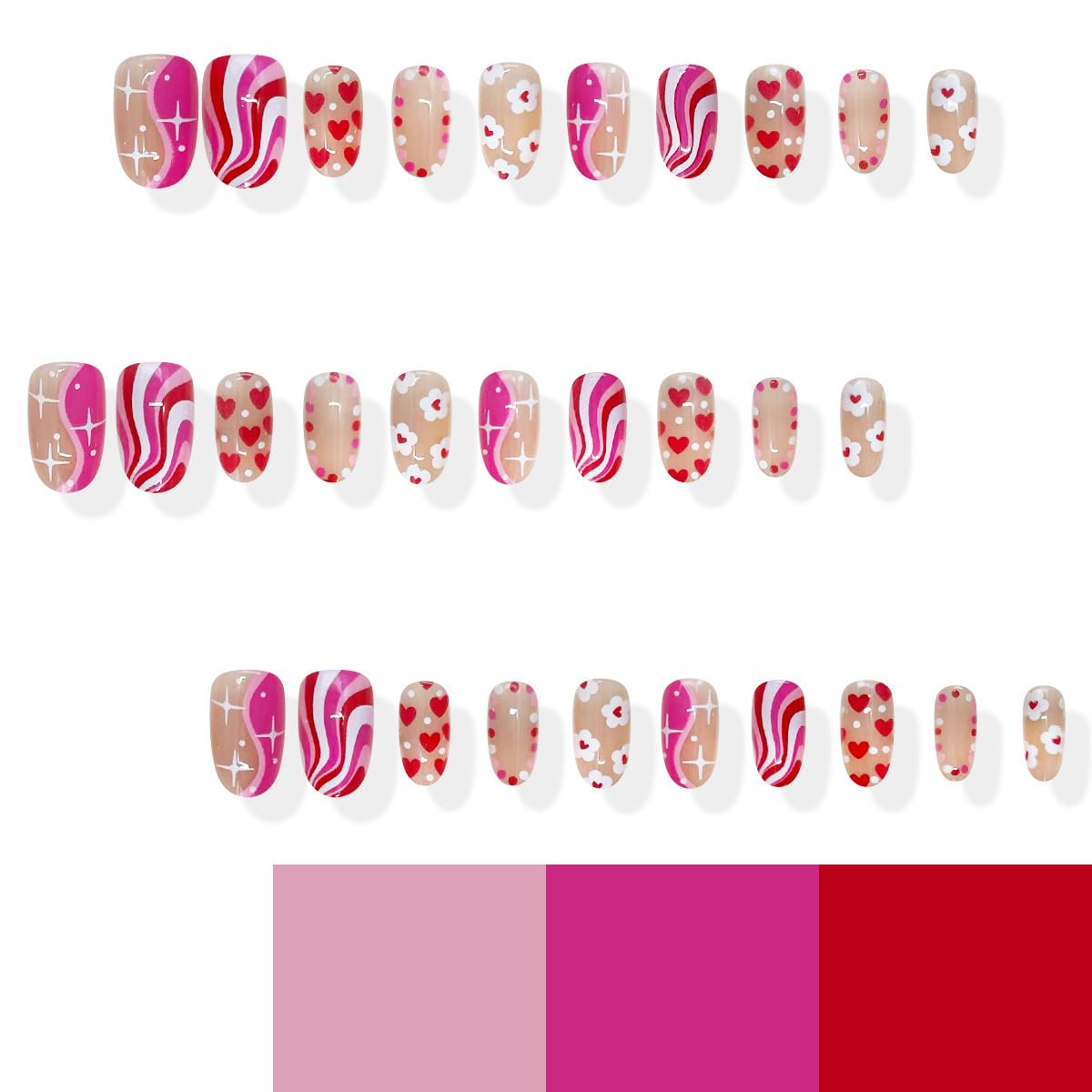 30Pcs Valentines Press on Nails Short Oval Fake Nails with Color Blocking Stripe Heart Flower Designs Cute Pink False Nails Romantic Holiday Artificial Stick on False Nail for Women DIY Manicure Salon