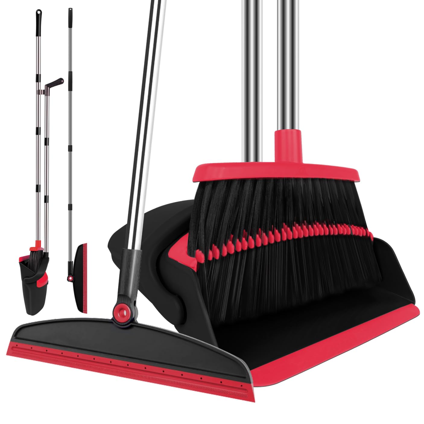 UDUK Broom with Dustpan Combo Set and Silicone Air Broom Kit, 51" Long Handle Floor Squeegee, Red Household Kit for Glass Window Rugs Pet Hair Home