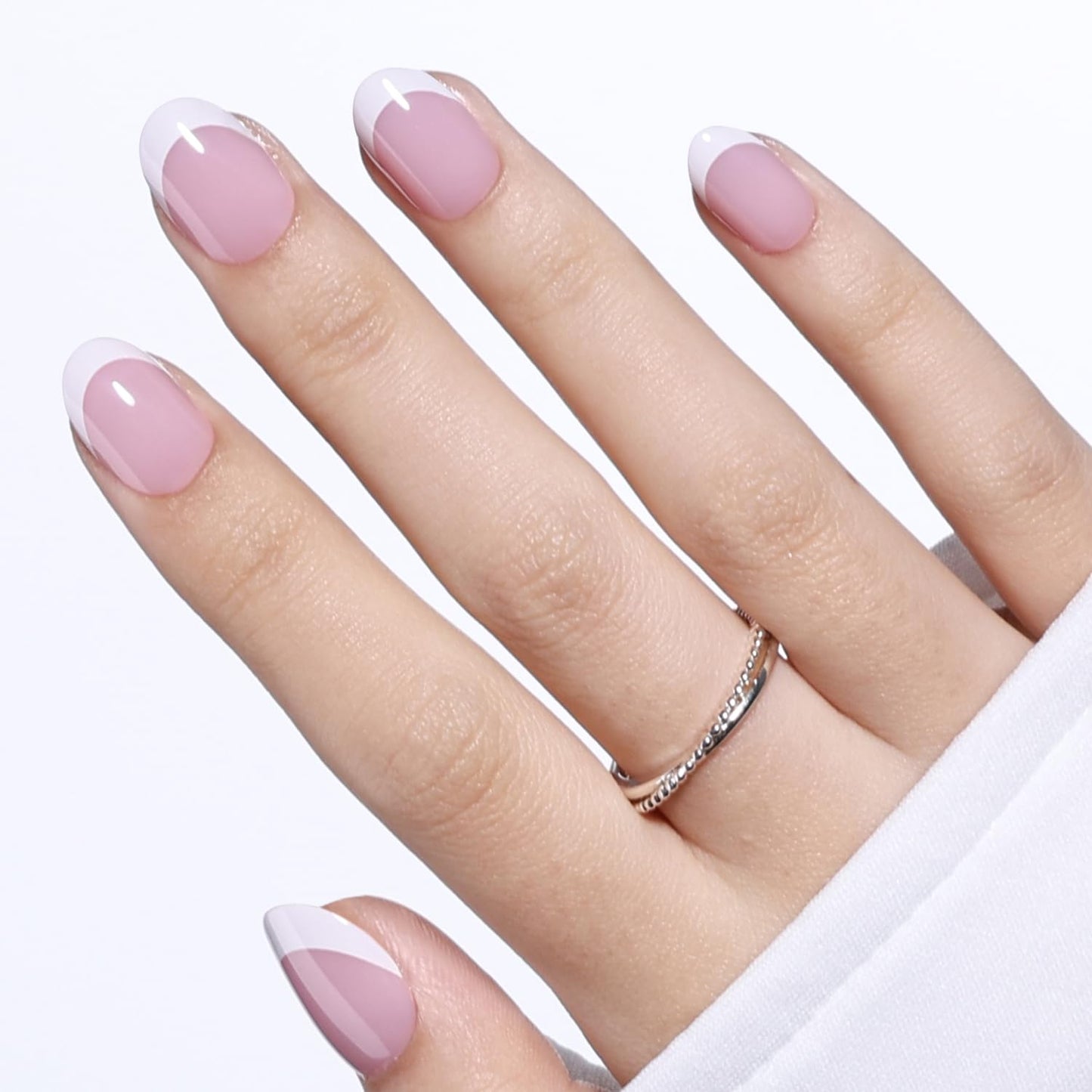 White French Tip Press On Nails Oval - Short Oval Fake Nails, White French Tip Press On Nails Reusable Stick On Nails in 16 Sizes, 32pcs False Nail Kit for Women & Girls