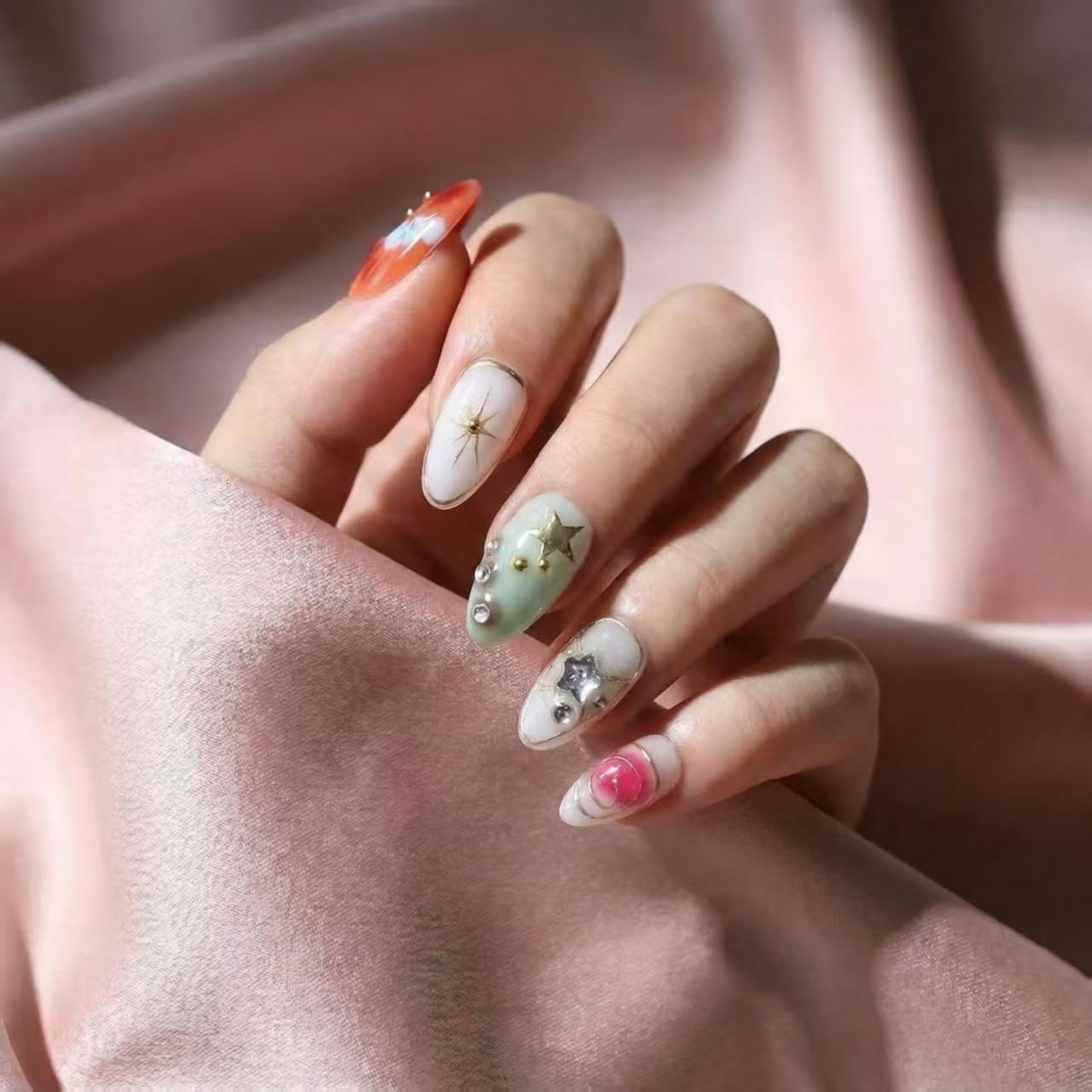 10Pcs Short Almond Handmade Press On Nails | Easy Apply & Remove, Reusable Salon Quality Nails | Colorful Y2K Fake Nails with 3D Star, Gold Accents & Rhinestone (RR06, XS)