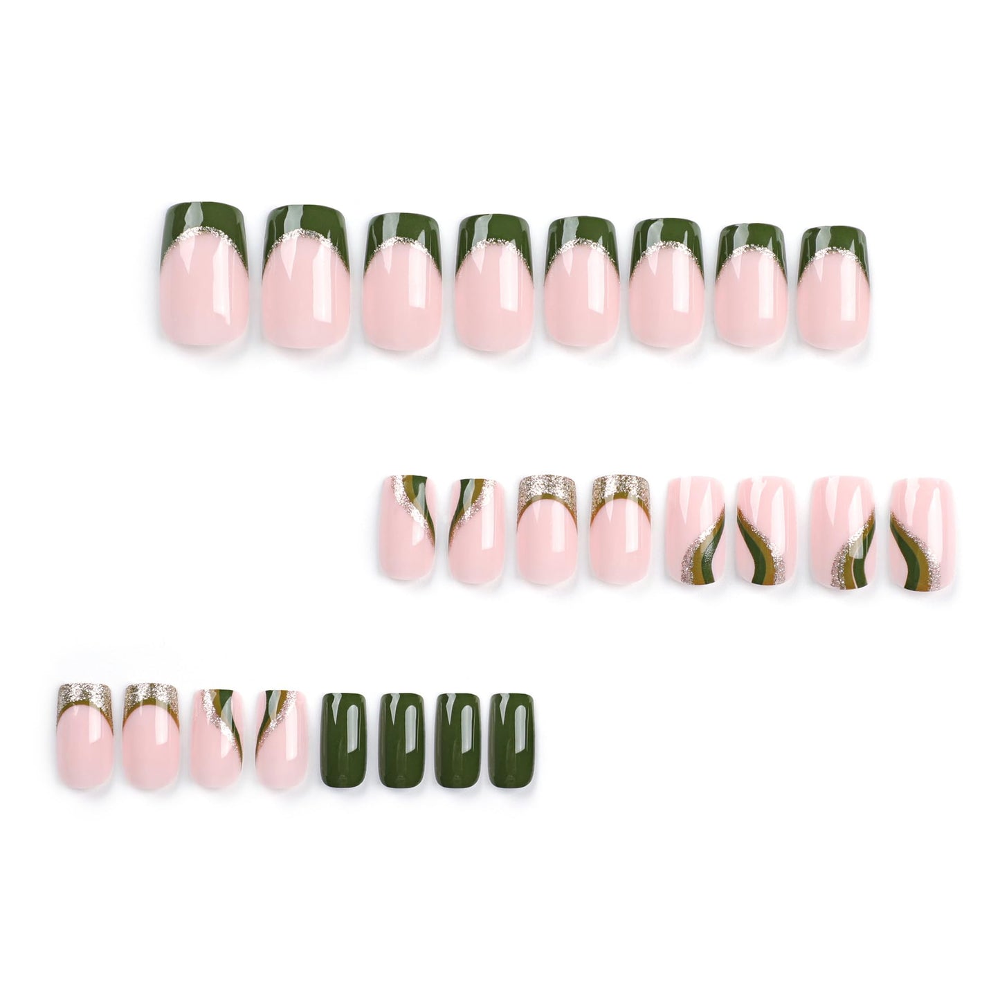 Green Press On Nails - Short Square Gold Glitter False Nails with Swirl Designs, Glossy Finish, Full Cover Acrylic Stick On Coffin Nails for Women, 24 Pcs