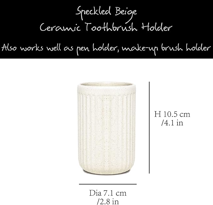 Beige Speckled Ceramic Toothbrush Holder, Rippled Cylinder Tumbler for Bathroom Countertop, Makeup Brush Holder, Pen Organizer, Multipurpose Bathroom Accessory